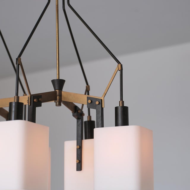 Italian Six-Light Chandelier in Brass, Black Metal and Opaline Glass, 1950s For Sale - Image 10 of 16