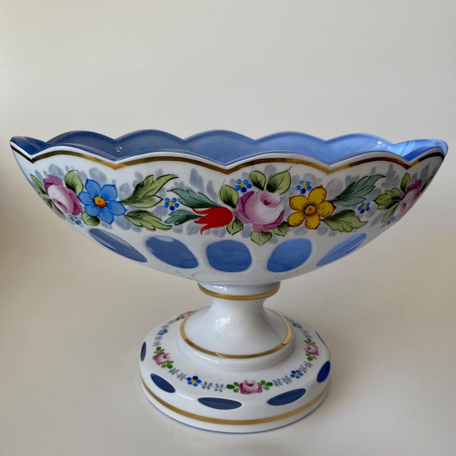 Vintage Moser Glass Oval Bowl: Cut-to-Clear, White With Blue Overlay, Hand Painted Florals For Sale - Image 14 of 16
