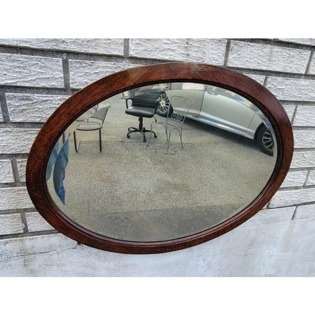 1900 - 1909 19th Century Victorian Oval Oak Wall Mirror Beveled Edge Antique Glass For Sale - Image 5 of 11