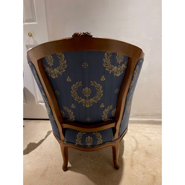 Antique French Petite Bergere Covered in Neoclassical Design Fabric For Sale - Image 9 of 11