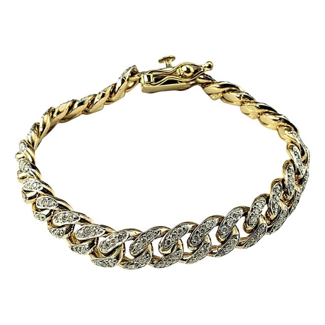 Late 20th Century 14k Yellow Gold and Diamond Heavy Curb Link Bracelet For Sale