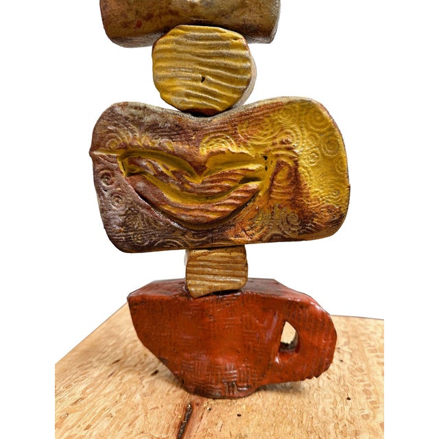 Marc Zimmerman "Small Earthtone Ceramic Totem" Glazed Ceramic, 40 Inches Tall, Brown and Gold Glaze, Wood Base, Contemporary Art West Coast For Sale - Image 4 of 7