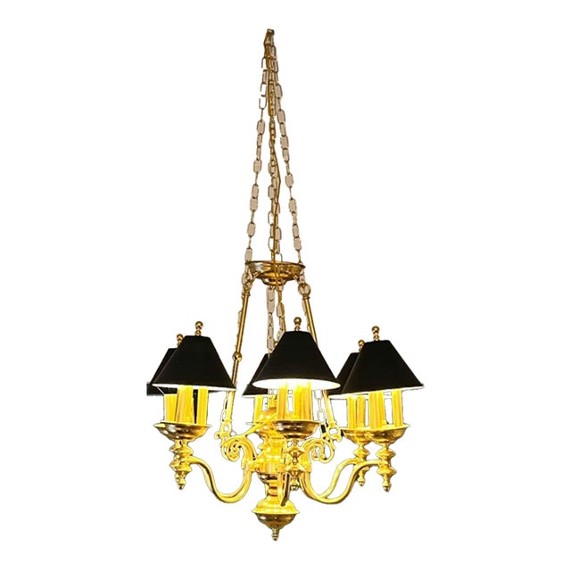 18 Light Chandelier French Country Bouillotte Brass With Ebony Tole Shades For Sale