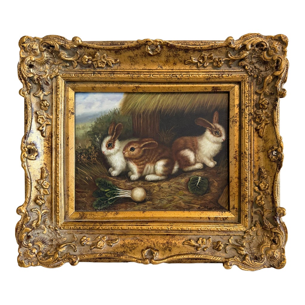 Vintage R Mario Oil Painting Three Rabbits Bunnies Farmhouse Art Gold ...