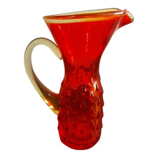 1960s Amberina Glass Hobnail Pitcher With Clear Applied Handle For Sale