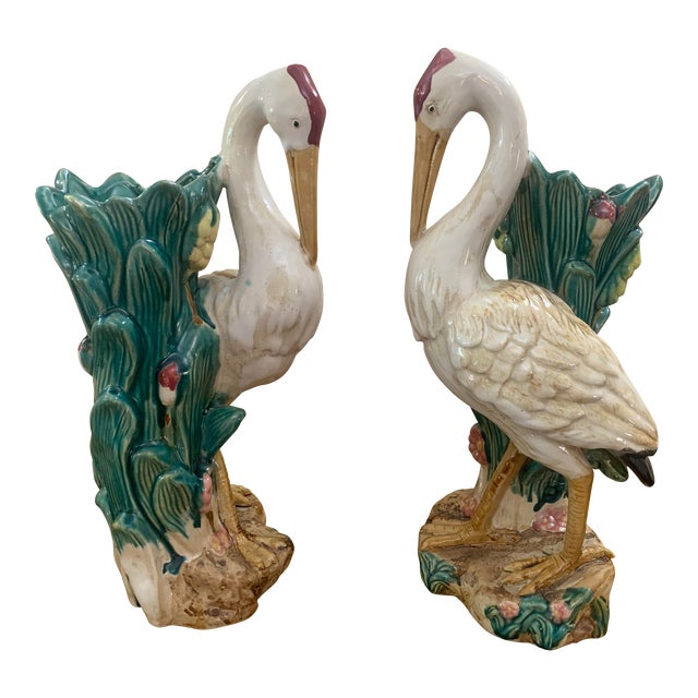 Early 19th Century Large Majolica Bird Stork, Heron or Crane Vases