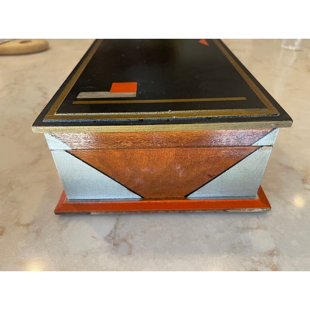 Wood 1930s Paul Frankl Style Art Deco Lidded Hand-Painted Geometric Cigar Box Jewelry Box For Sale - Image 7 of 8