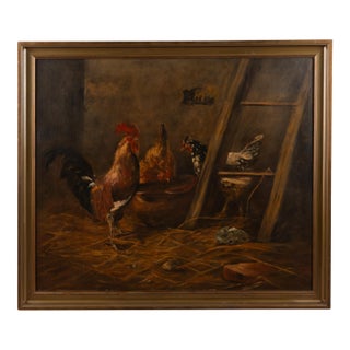 19th Century Spanish Oil on Canvas Barn Scene With Rooster and Chickens For Sale