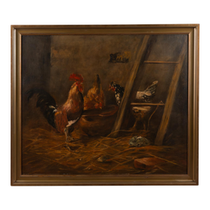 19th Century Spanish Oil on Canvas Barn Scene With Rooster and Chickens