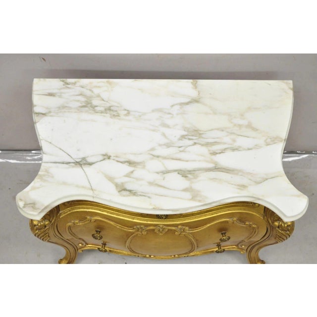 Vintage Daniel Jones French Louis XV Style Gold Bombe Marble Top Nightstand For Sale - Image 4 of 11