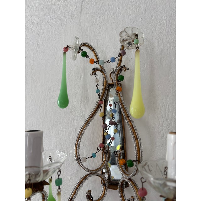 1910s Italian Rainbow Pastel Multicolored Confetti Opaline Sconces Beaded Mirror C1920 For Sale - Image 5 of 10
