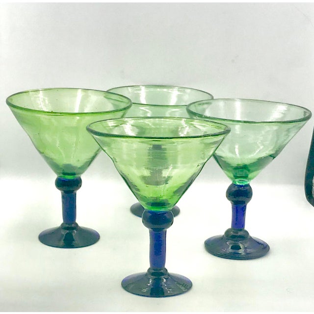 Bottle Green 1980s Hand Blown Green and Cobalt Martini - Set of 4 For Sale - Image 8 of 8