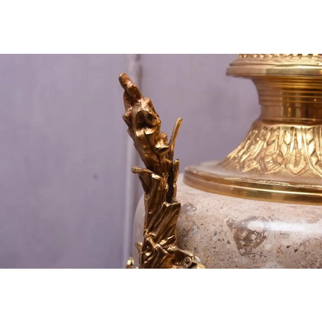 Pair of Large Neoclassical Beige Marble and Ormolu Bronze Urn Amphorae With Matching Pedestals For Sale - Image 15 of 16