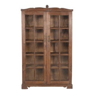 Antique Indian Glass Cabinet | Vintage Armoire With Arched Crown | Teak Wood Display Cabinet | Rustic Home Decor For Sale