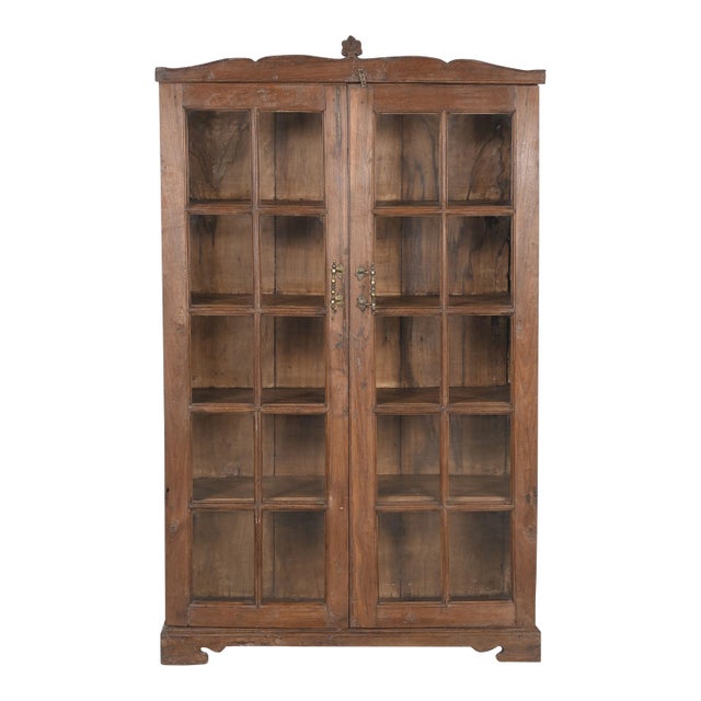 Antique Indian Glass Cabinet | Vintage Armoire With Arched Crown | Teak Wood Display Cabinet | Rustic Home Decor For Sale