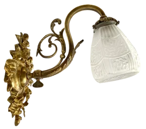 Bronze Sconce with White Glass Lampshade, France, 1930s