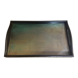 A Hand Painted Black Drinks Tray With Shadesbof Celadon Green Decorations. For Sale