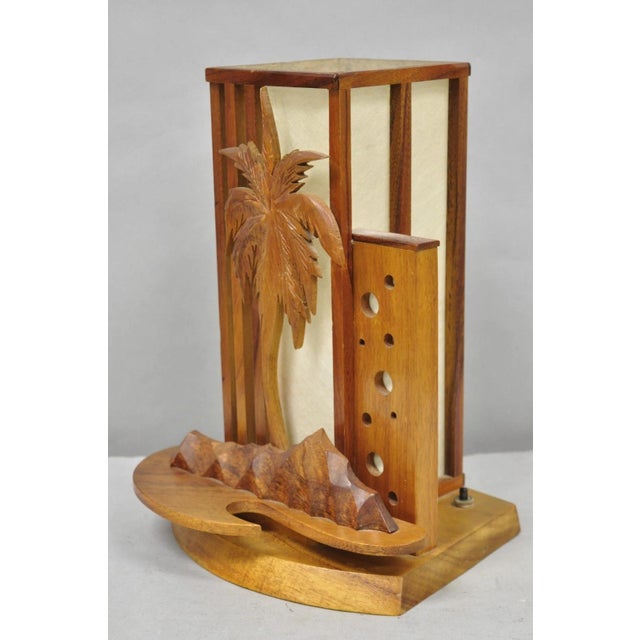 Wood Vintage Mid Century Modern Carved Hawaiian Koa Wood Palm Tree Tiki Table Lamp For Sale - Image 7 of 15