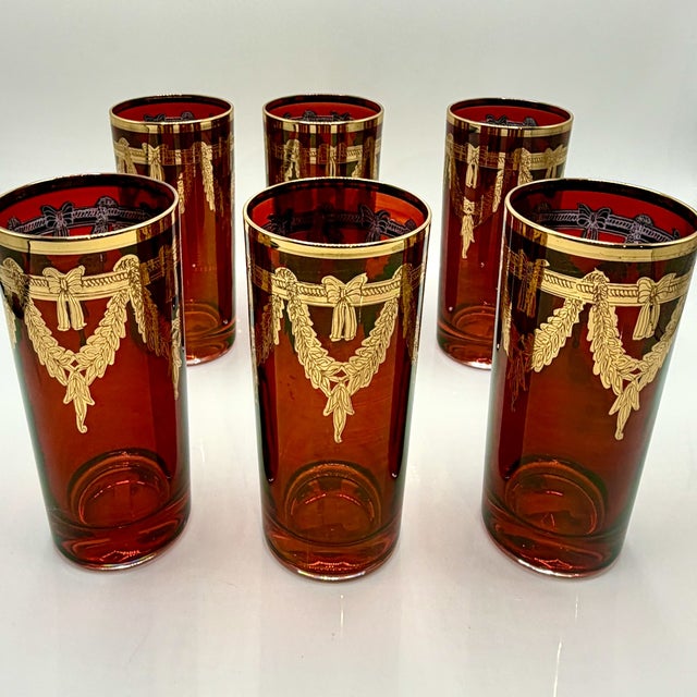 Mid-Century Modern Italian Red Highball Glasses with 24k Gold Garlands from Interglass, 1980s, Set of 6 For Sale - Image 3 of 14