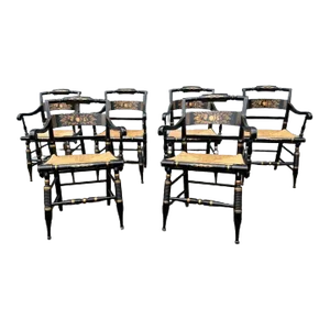 Set of Six Vintage L. Hitchcock Late Federal Style Grain-Painted & Gilt-Stenciled "Fancy" Rush Seat Armchairs