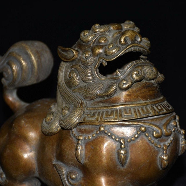 Antique Bronze Guardian Lion Incense Burner – 6.1" Foo Dog Censer With Removable Head For Sale In Los Angeles - Image 6 of 9