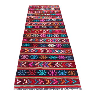 1970s Cabin Style Cicim Striped Hand Knotted Oushak Runner Kilim Rug For Sale
