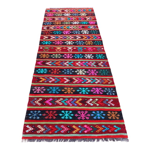 1970s Cabin Style Cicim Striped Hand Knotted Oushak Runner Kilim Rug For Sale