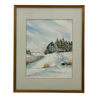 Original Watercolor Painting of a Snowy Barn by Arthur Legiehn, 1985 For Sale