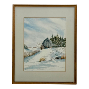 Original Watercolor Painting of a Snowy Barn by Arthur Legiehn, 1985