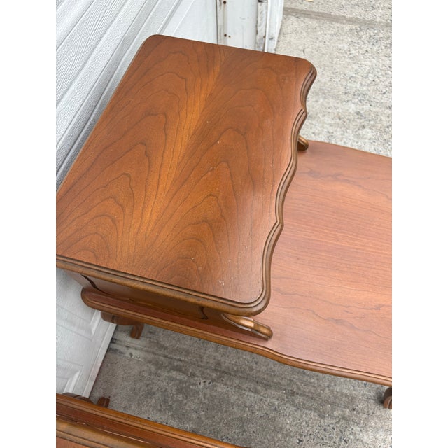 Brown Matching Vintage French Provincial Step Tables, Mid Century Two Tier End Tables With Cabriole Legs, Maple Wood Nightstands, Matching Tables For Sale - Image 8 of 11