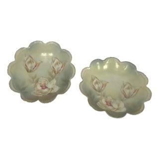 1910s Rs Prussia Hand Painted Scalloped Edge Berry Bowls Magnolia Floral For Sale