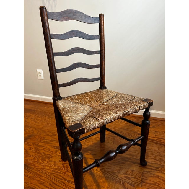 English Antique , Late 19th Century, English Ladder Back Chairs With Original Rush Seats. Set of 4 For Sale - Image 3 of 14