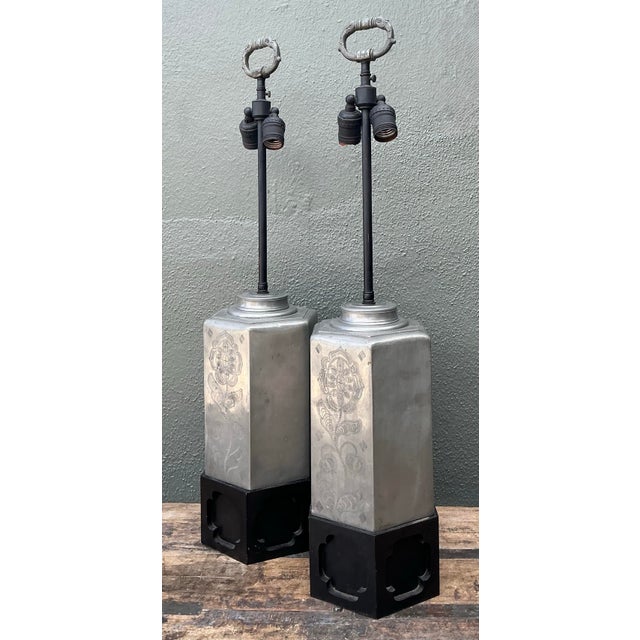Vintage Etched Metal Lamps - A Pair For Sale - Image 11 of 12