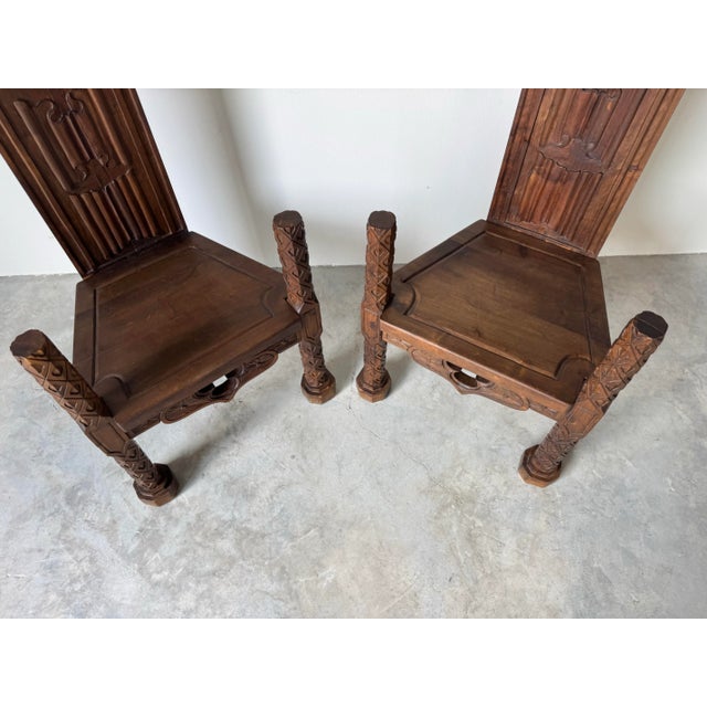 Wood Antique Spanish Gothic Revival Carved Wood Throne Chairs – A Pair/ Sold For Sale - Image 7 of 12