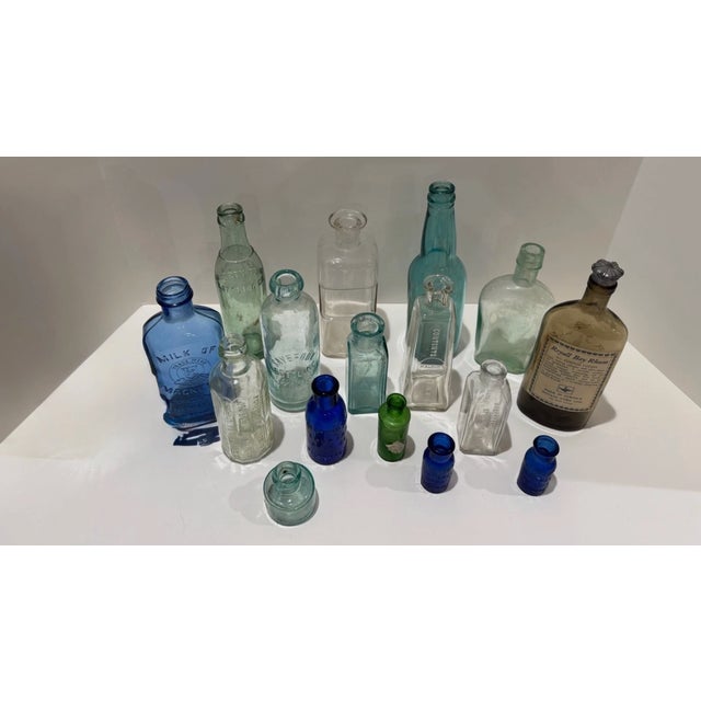 Antique Apothecary Bottle Lot Cobalt Blue Aqua Clear Drugstore Pharmacy Bottles For Sale - Image 4 of 13