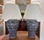 Ceramic Contemporary Blue and White Ikat Pattern Ralph Lauren Over-Sized Jar Lamps With White Linen Shades, a Pair For Sale - Image 7 of 8
