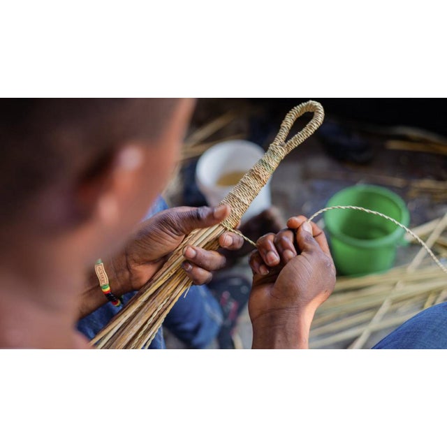 2020s Natural Woven Grass Wall Hand Fan Leather Handle For Sale - Image 5 of 5