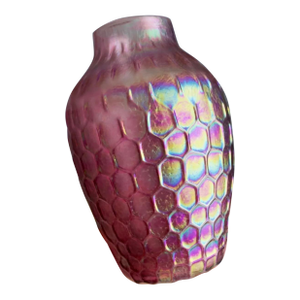 Josh Ries Handblown Glass Vase – Iridescent Pink Embossed Honeycomb Studio Art Glass