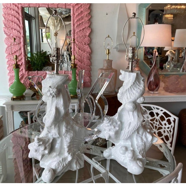 Lovely pair of vintage plaster seashell table lamps by Sirmos. These have been professionally wired, all new nickel...