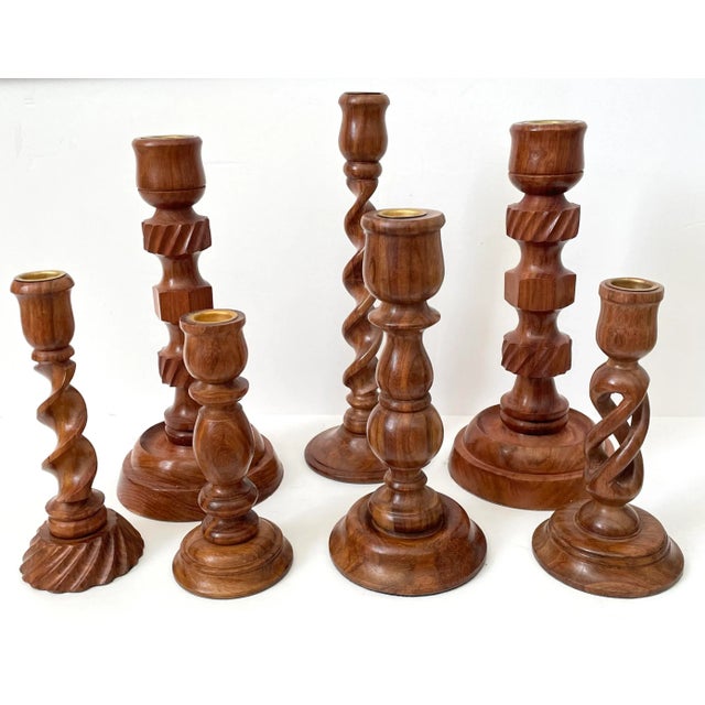 Gorgeous set of vintage wooden Candleholders. Brass inserts. Five different patterns. Add a rustic element to your table....