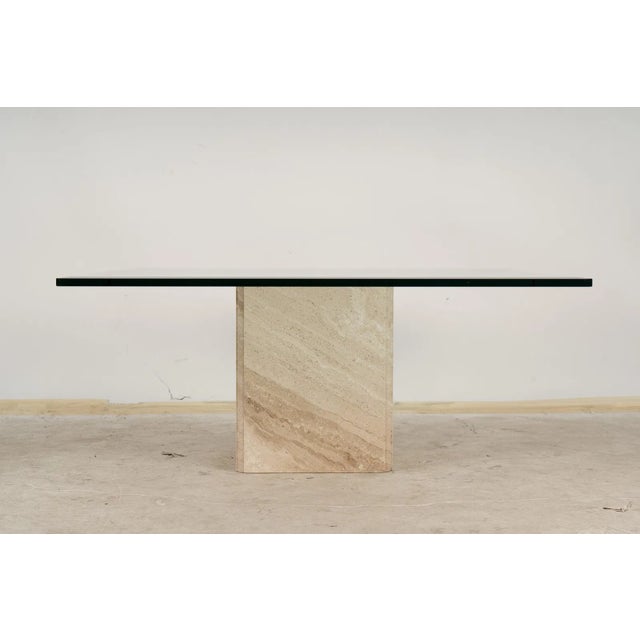 1970s Matched Italian Travertine & Glass Dining Suite | Pedestal Dining Table + Coffee Table, c.1970s For Sale - Image 5 of 18