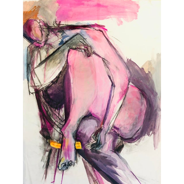 Fuschia With Tiny Bit of Saffron / Dynamic Nude Woman on Stool / Mixed Media Painting on Paper For Sale