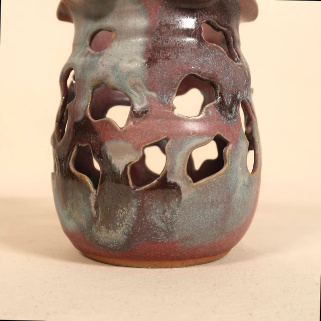 Vintage Sculptural Studio Pottery Pierced Ceramic Vessel Candle Holder With Organic Drip Glaze For Sale - Image 12 of 18