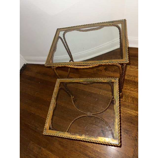 Two Circa 1960s Palladio Italian Gilt Iron and Glass Twisted Rope/ Tassel Nesting Tables For Sale - Image 4 of 6