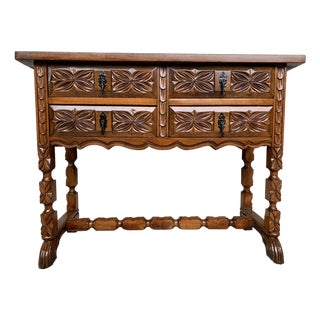 19th Century Catalan Spanish Carved Walnut Console Sofa Table, Four Drawers For Sale