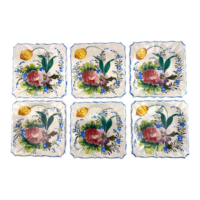 Vintage Italian Hand Painted Floral Dessert Plates With Scalloped Edges - Set of 6 For Sale