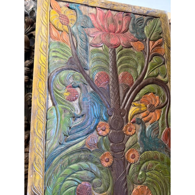 1920s Vintage Hand-Painted Tree of Life Wood Wall Panel With Carved Peacock & Lotus Art 84x36 For Sale - Image 5 of 7