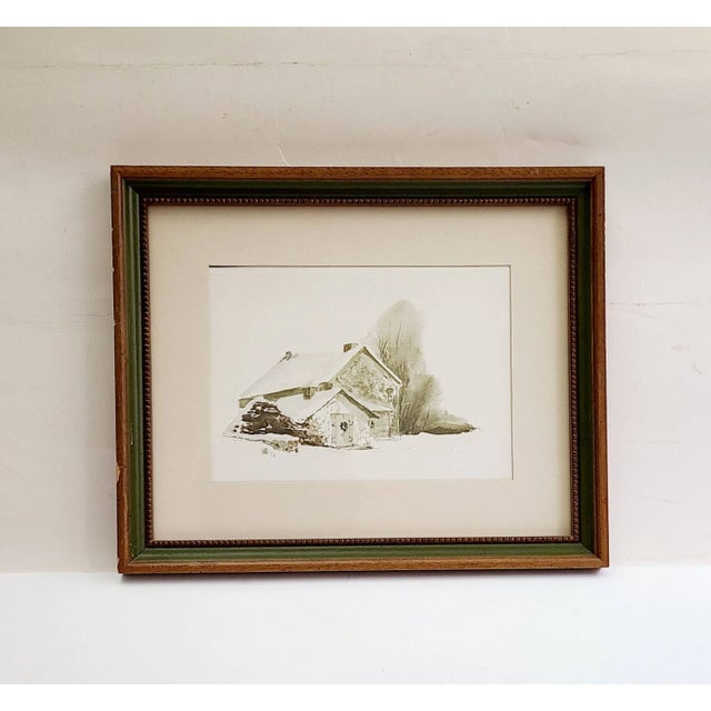 White Late 20th Century Art Print Landscape of Old Farm House in Snow With Wreath on Door For Sale - Image 8 of 10