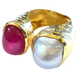 Bochic “Orient” Ruby & South Sea Pearl 2 Gem Ring Set 18K & Silver, Size 10 For Sale