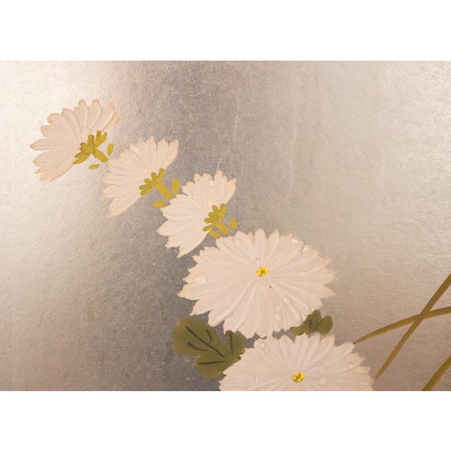 1970s 1970s Shōwa Era Japanese Byobu Screen "Chrysanthemums" on Silver Background For Sale - Image 5 of 18